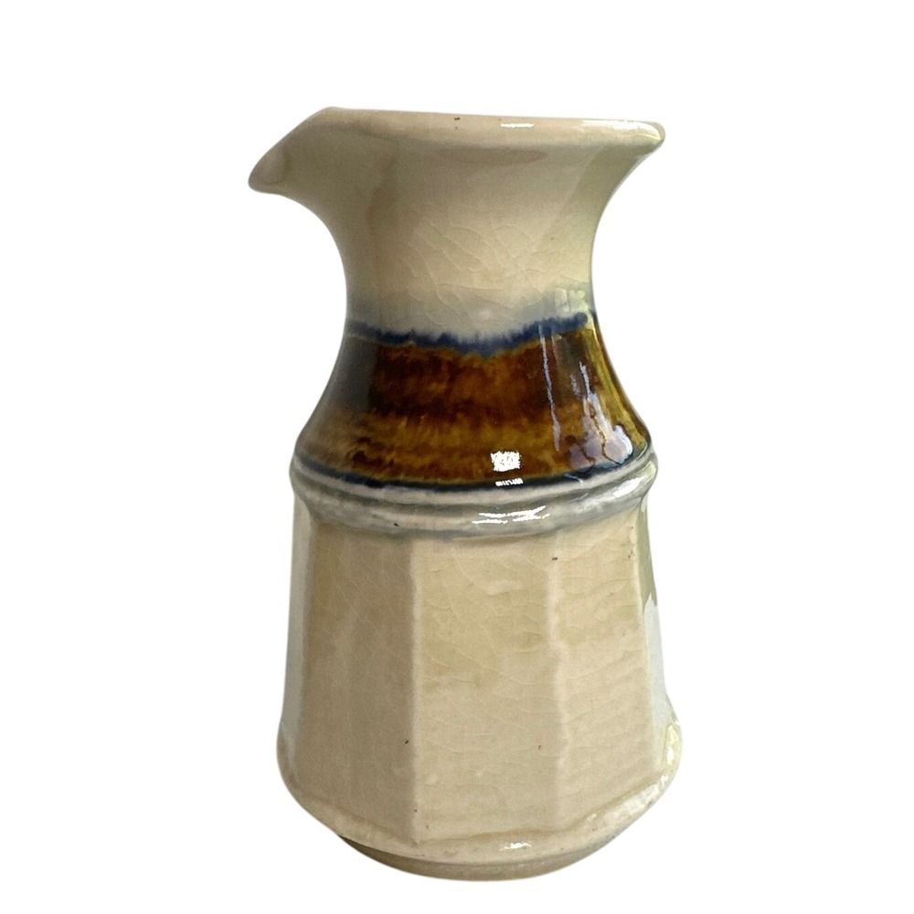 Vintage USH 919 Stoneware Creamer Small Pitcher Tan & Brown Glazed Pottery USA